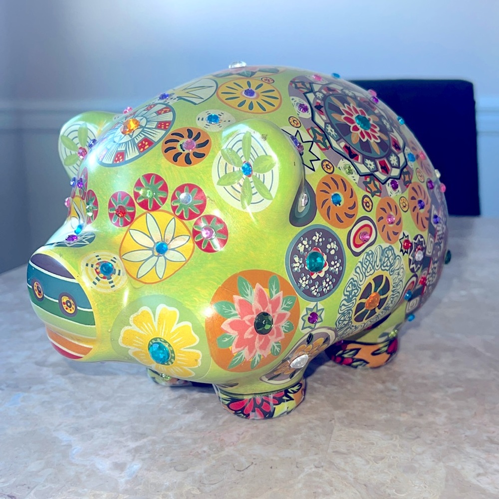 EUC RARE Vintage Flower Piggy Bank Mexican Pottery, Mandala Flower Art